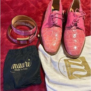Mauri men’s size 8.5 pink ostrich & alligator shoes with matching belt wore once